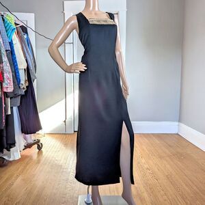 Vintage 90s Plus Size 16 Little Black Dress Midi Wiggle Slit Gold Embroidery